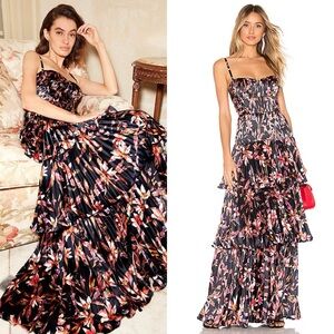 AMUR Londyn Pleated Maxi Dress in Island Floral & Black Sz 6